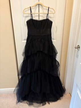 BCBGMaxAzria Oly Black Tiered Tulle Evening Gown with Spaghetti Straps